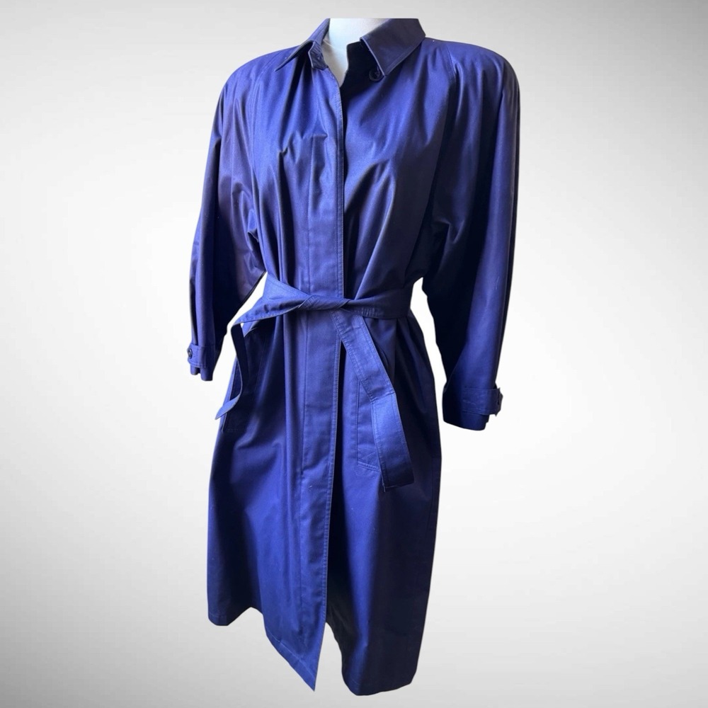 Vintage London Fog Indigo Purple Belted Trench Coat Raincoat Cape Back Size 14